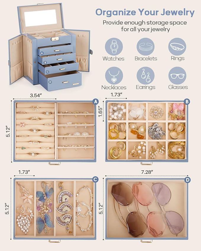 Homde Large Jewelry Box for Women: 5-Layer Organizer with Lock for Dresser | Separated Storage for Necklace Earring Ring Watch to Sort Daily Jewelry - Keep Vanities Tidy - Suitable for Birthday Gift