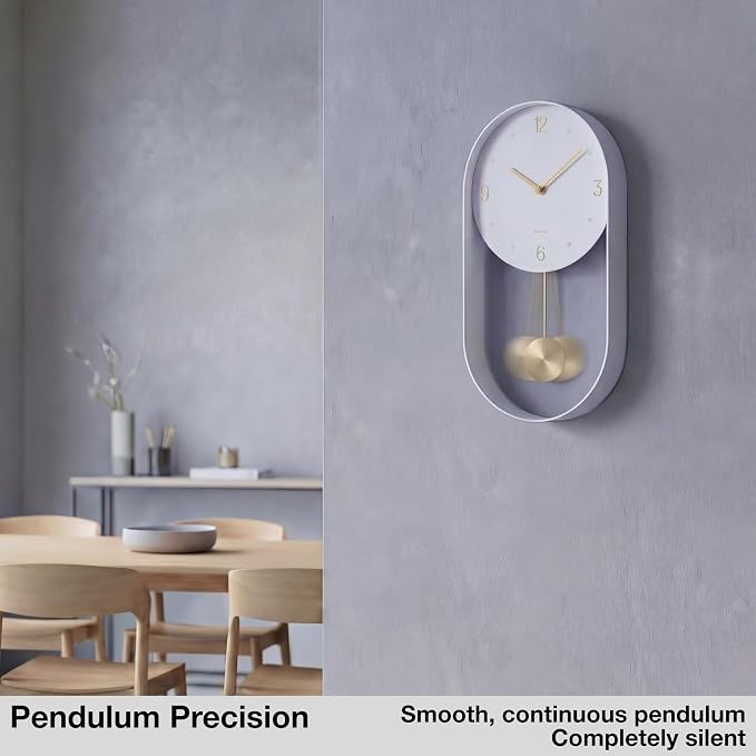 Driini Modern Pendulum Wall Clock – Small Vertical Design in White and Gold | Silent battery-operated timepiece, metal frame – 16 inches tall with an 8-inch face, a contemporary grandfather style.
