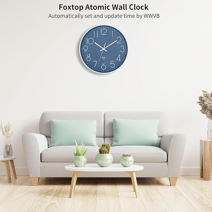 Foxtop 12" Atomic Wall Clock Battery Operated Modern Analog Clock, Cerulean | Round, Sets Automatically, Easy to Read, Office, Classroom, Bedroom, Kitchen, Living Room