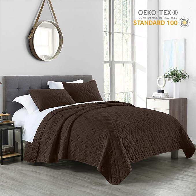 HORIMOTE HOME Quilt Set King Size Chocolate, Classic Geometric Diamond Stitched Pattern, Ultra Soft Microfiber Lightweight Bedding Bedspread Coverlet for All Season with 1 Quilt 2 Pillow Shams