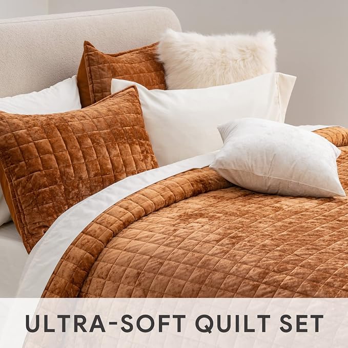 RECYCO Velvet Quilt Set, Oversized Cal King 118"x106", Rusty Burnt Orange | Channel Box Stitch Velvet Comforter Set, Ultra Soft Lightweight Bedspread Coverlet, All Season Bedding Set, with 2 Shams
