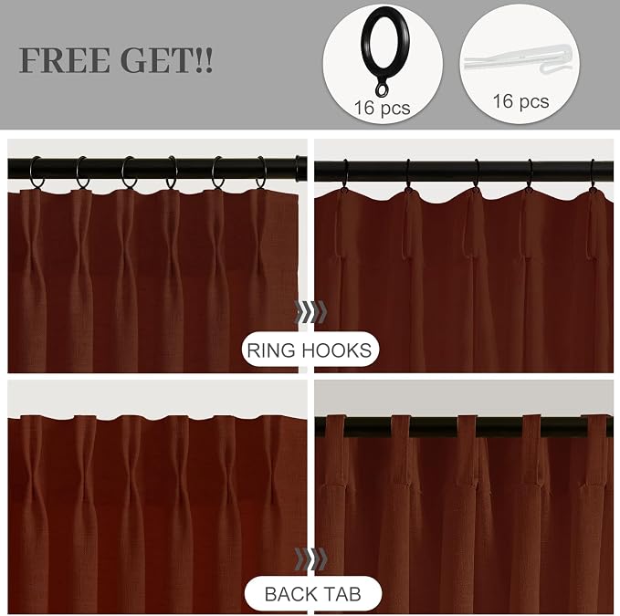 84 Inch Linen Pinch Pleated Sheer Linen Blend Curtains for Living Room | Light Filtering, Bedroom, Burlap Textured Sheer, Pinch Pleat, Linen Blend, Hook Ring, Memory Shape, Chestnut Brown, 2 Panels