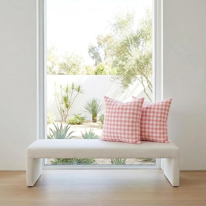 Cute Pink And White Gingham Plaid Pillow Covers 18x18 Set of 2, Light Pink Living Room Decor Throw Pillows For Bed Couch, Farmhouse Outdoor Square Cushion Covers 18 x 18 (No Pillow Inserts)