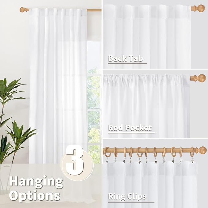 YoungsTex White Linen Semi Sheer Curtains 48 Inch Length 2 Panels | Short Drapes with Rod Pocket Back Tab Privacy for Bathroom Living Room Window Light Filtering, 42 X 48 Inch