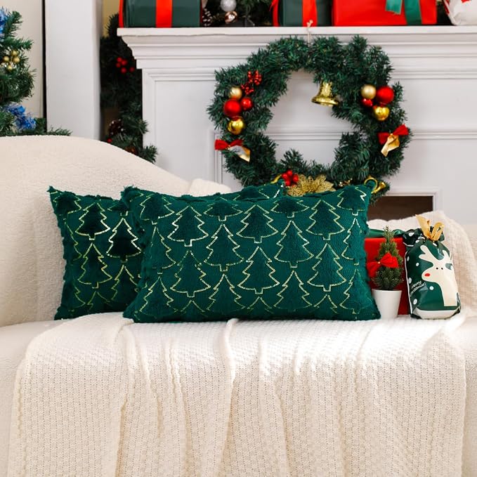 VAKADO 12x20 Set of 2 Christmas Throw Pillow Covers Embroidered Decorative Xmas Cushion Cases Holiday Soft Home Decor for Bedroom Sofa Chair Porch Winter, Green