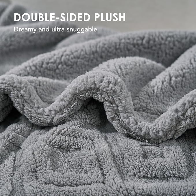 EverGrace Jacquard Reversible Sherpa Throw Blanket, 90" x 90", Grey | Jacquard Sherpa Throw Blanket, Super Soft, Cozy Plush Blanket, Reversible Thick Warm Throw for Bed, Sofa, Living Room