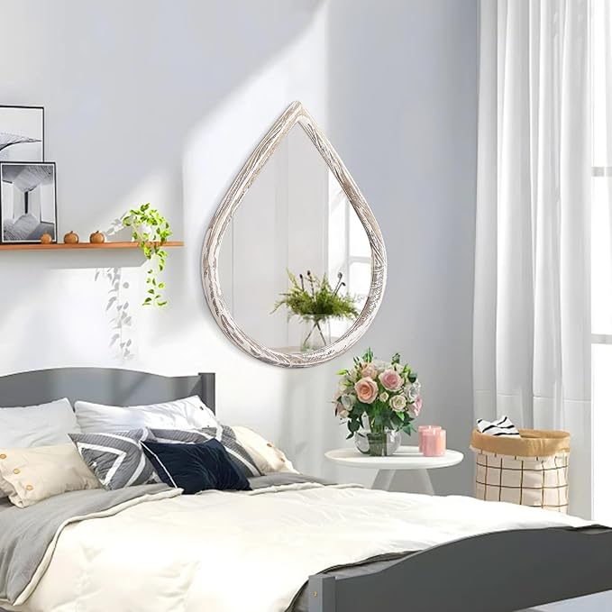 Teardrop Mirrors with Wood Frame Farmhouse Rustic White Wall Hanging Mirrors Large Decorative Mirror for Living Room Bathroom Entryway
