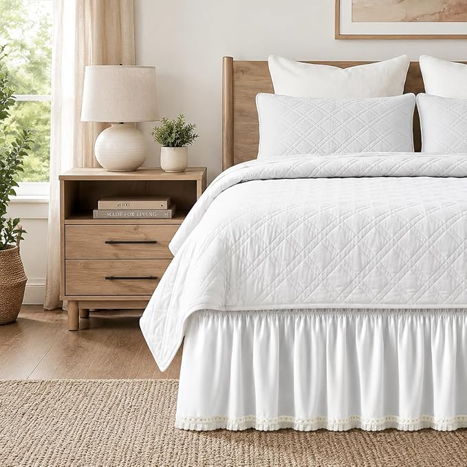 Lace Trim Bed Skirt Queen 15" Drop, Elastic Wrap Around Bedskirt | Solid Ruffled, Easy to Use, No Mattress Lifting, Wrinkle & Fade Resistant, with Adhesive Strips, Machine Wash/Dry/Iron