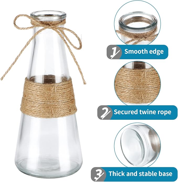 MDLUU Clear Glass Bud Vase in Bulk, 10Pcs Assorted Decorative Glass Bottles with Rope, Different Sizes Vintage Jar for Wedding Centerpiece, Party, Reception Table, Home Decor