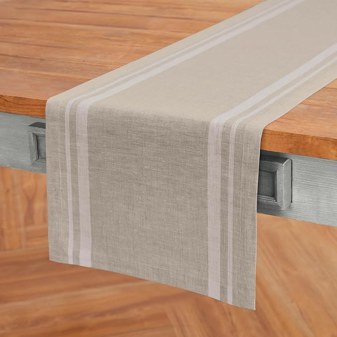 Solino Home 100% Pure Linen Table Runner, 14 x 72 in, White, French Stripe | brings a tailored look to family meals and hosting, woven stripe, European flax fibres, machine washable, OEKO-TEX Certified