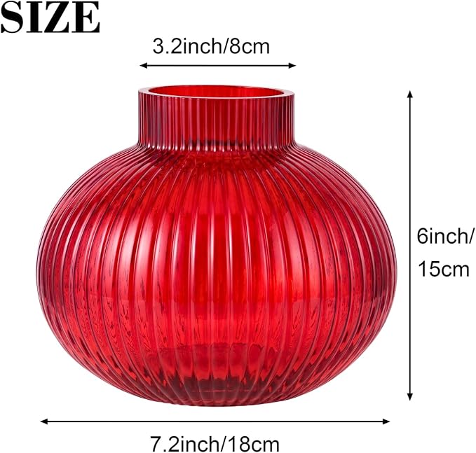 Red Glass Vase, Flower Vases for Bouquet, Ribbed Glass Vases for Flowers, Small Red Vase for Living Room, Office, Coffee Table, Shelf, Wedding, 6 Inches