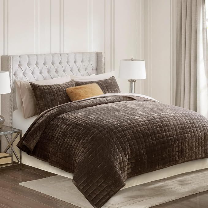 RECYCO Velvet Quilt Set, Oversized California King 118"x106", Walnut Brown | Channel Box Stitch Velvet Comforter Set, Ultra Soft Lightweight Bedspread Coverlet, All Season Bedding Set, with 2 Shams