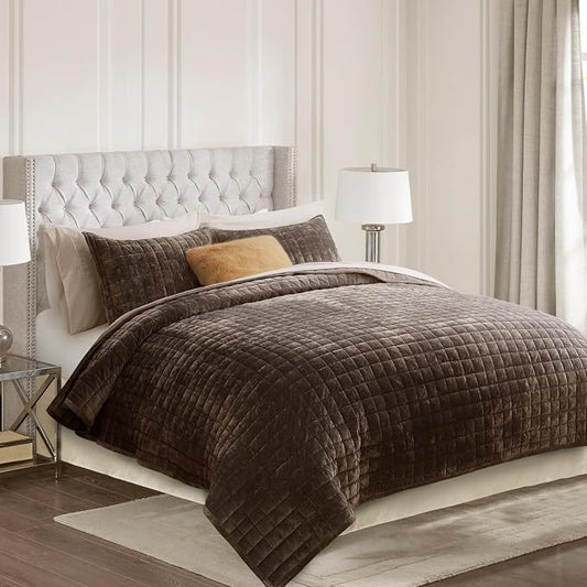 RECYCO Channel Box Stitch Velvet Quilt Set, Full Queen Size, Walnut Brown | Ultra Soft Lightweight Velvet Comforter, Luxury Oversized Bedspread Coverlet, Quilted Bedding Set for All Season with 2 Shams