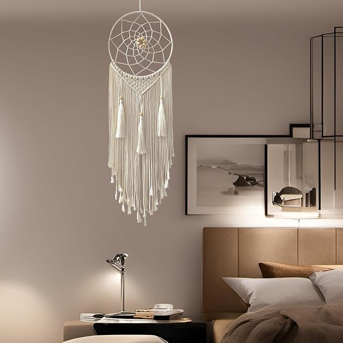 Dream Catcher Macrame Wall Hanging, Boho Decorations for Bedroom Living Room Wedding Party Home Decor, 14" Inner Dia, with 5.9ft Cotton Rope (Medium, Solid)