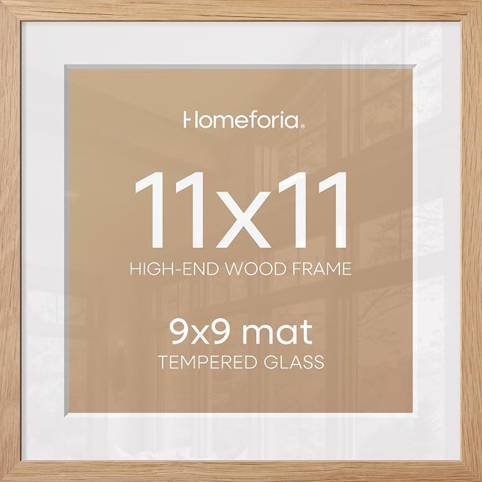 Homeforia 11x11 Natural Oak Picture Frame, High-End Wood, 9x9 Mat, Glass
