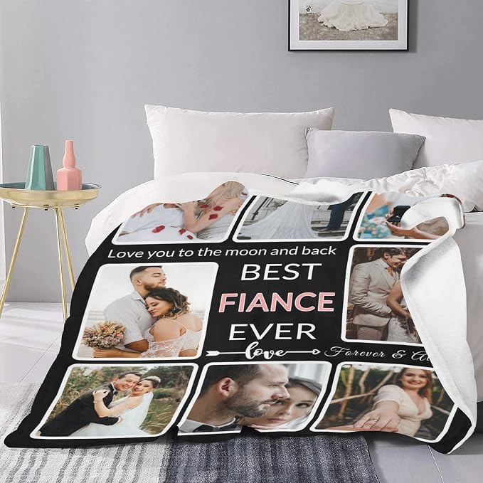 Gifts for Fiance Custom Blanket with Photo, Make a Personalized to My Lover Blankets with Picture, Customized Memories Souvenir Throws for Best Fiance Ever, 8 Collage Made in USA