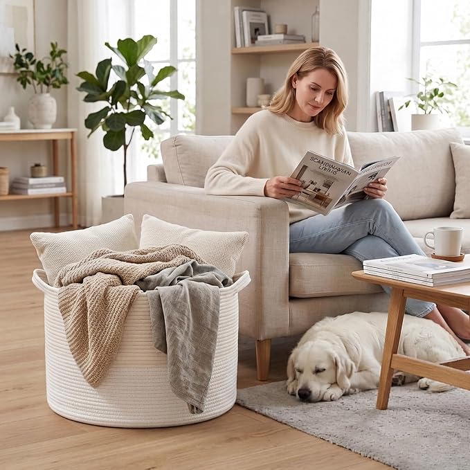 65L Large Blanket Basket,Woven Rope Laundry Basket-White | Collapsible, reinforced handles, nursery storage bin organizes clothes, toys and pillows for living room, bedroom bathroom