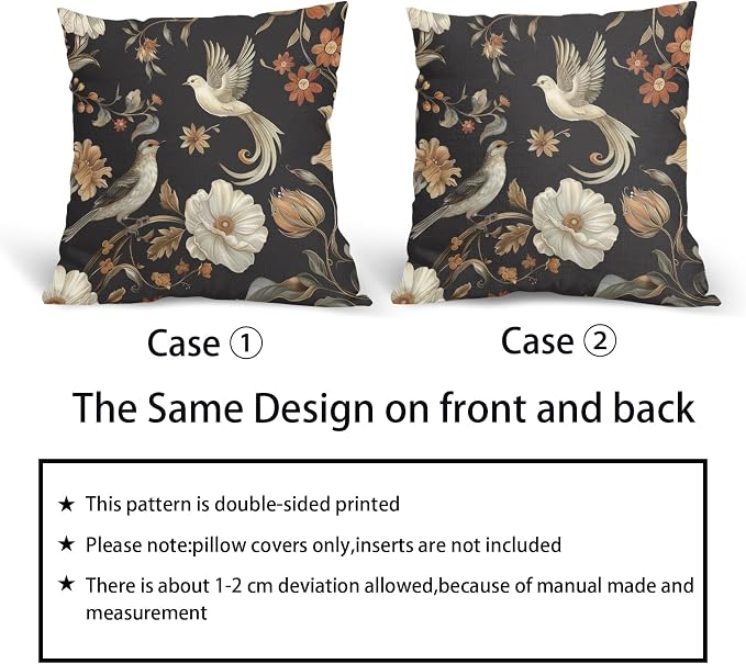 Kawani Vintage Floral Pillow Covers 16x16 Inch Set of 2 Black Chinoiserie Flower and Bird Outdoor Decorative Throw Pillows Retro Rustic Pillowcases Farmhouse Cushion Covers for Couch Home Decor