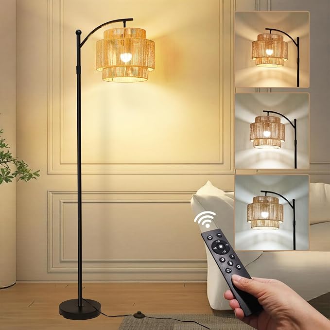 Vinaco Rattan Boho Floor Lamp, 3 Color Temperatures Remote & Foot Switch