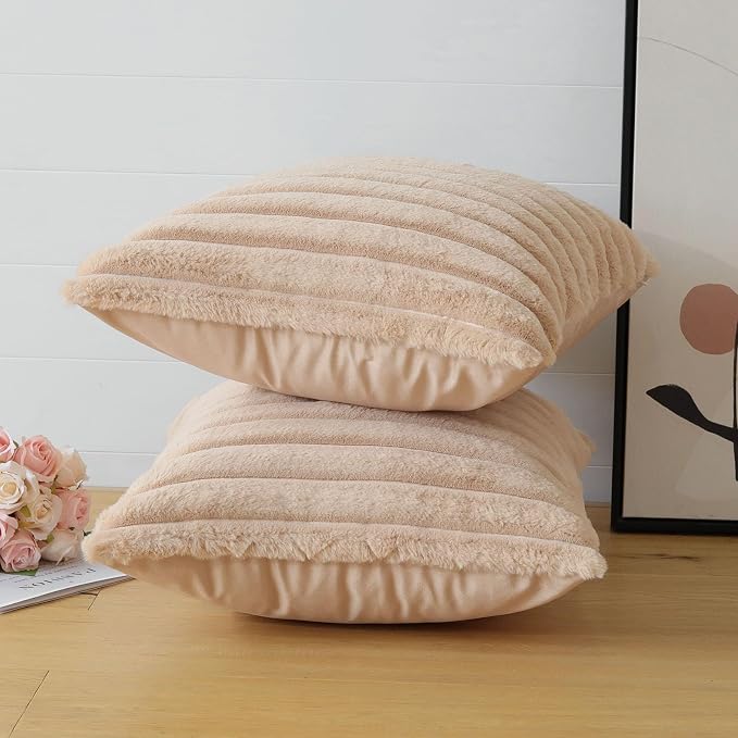 Soleebee Set of 2 Throw Pillow Covers Soft Cozy Velvet Pillowcase Faux Rabbit Fur Cover for Couch Sofa Bed Chair Home Decorative Pillows Cover (20x20 Inch, Camel)
