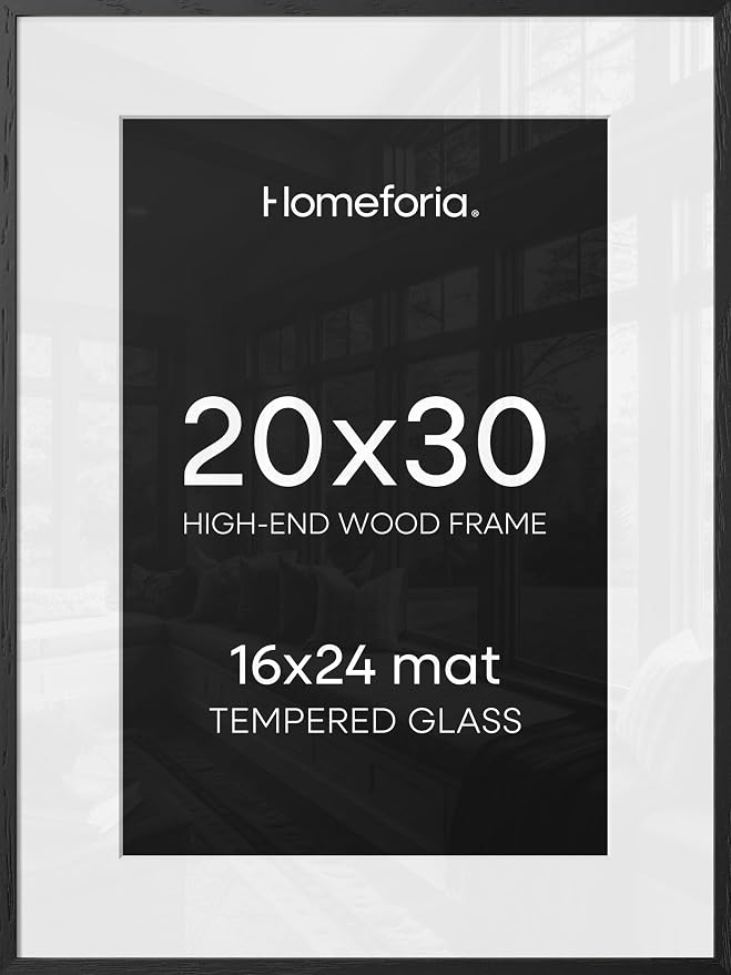 Homeforia 20x30 Black Oak Picture Frame, High-End Wood, 16x24 Mat, Glass