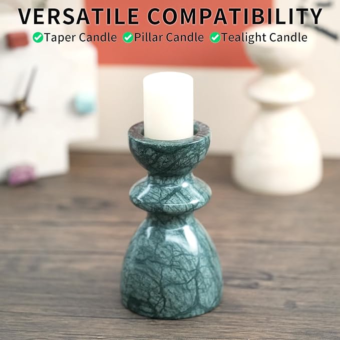 Green Marble Candlestick Holders - Stone Candle Sticks Holder Decor, Decorative Modern Candle Stands Multi-Purpose for Taper/Pillar/Tealight/Scented Candles