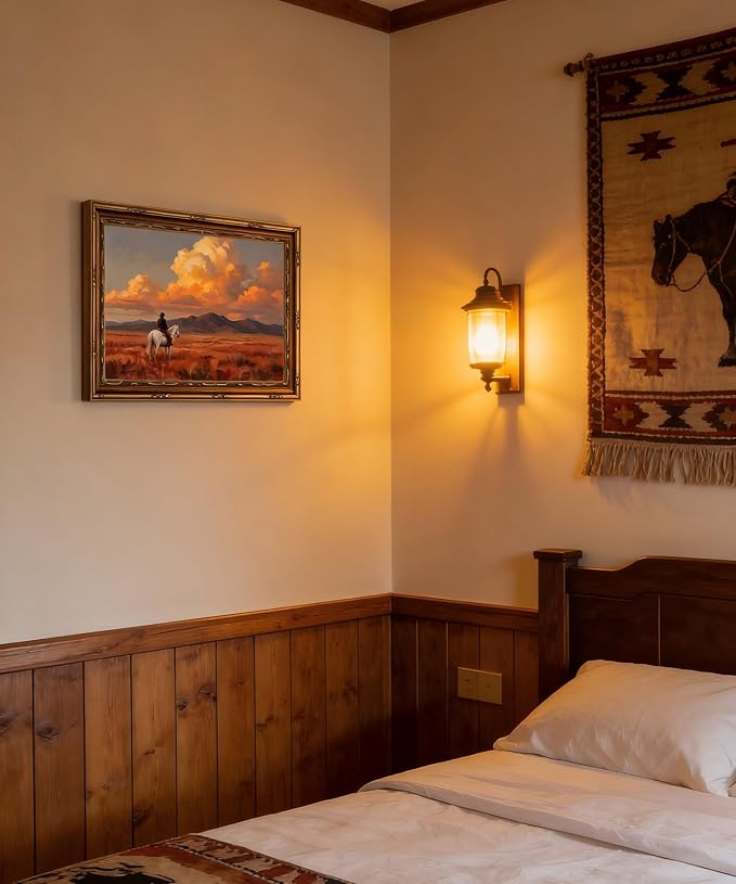 Vintage Gold Framed Wall Art Western Cowboy Wall Art Vintage Cowboy on Horse Wall Decor Picture Rustic Sunset Landscape Poster Print for Living room Bedroom Home Decoration 12x16in