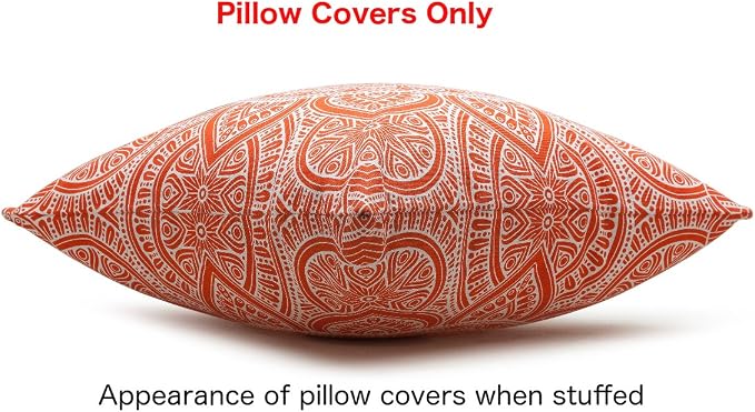 TreeWool Mandala Accent Throw Pillow Covers 16x16 Set of 2 (Orange) | Decorative Throw Pillowcases for Sofa & Couch; 100% Cotton Accent Covers Ideal for Spring & Summer Stylish Home Decor