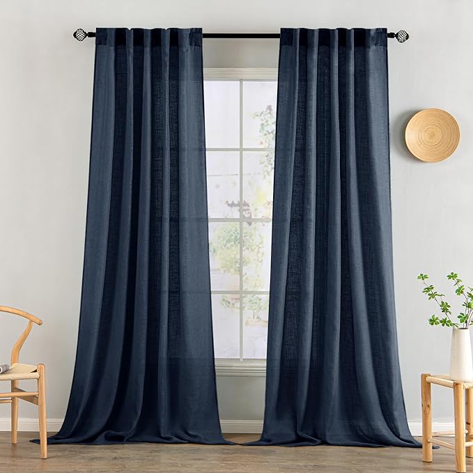 MIULEE Navy Blue Linen Curtains 52x90 Inch 2 Panels for Bedroom Living Room | Length, Soft Thick Linen Textured Natural Window Drapes, Semi Sheer Light Filtering, Back Tab Rod Pocket, Burlap Look Decor