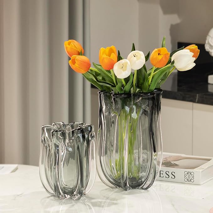 Modern Black Advanced Grey Glass Vase for Flowers, Hand Blown Art Glass Glass vase,Room Decoration and Centerpiece