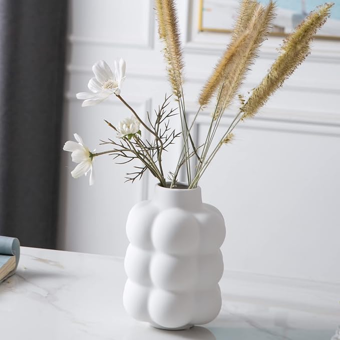 Mowtanco White Ceramic Vase, Modern Small Vase for Centerpiece 6.7" Tall | Boho tabletop decor accent vase for dried flowers, centerpiece for living room bedroom shelf, minimalist home decor gift