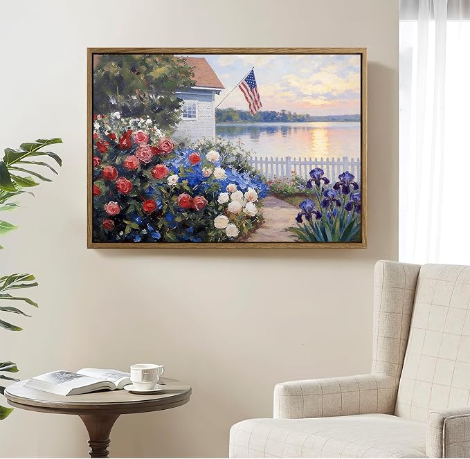 American Flag Framed Canvas Wall Art, 4th of July Patriotic Canvas Prints | Summer Cottage Landscape Poster Print, Vintage Independence Day Wall Decor for Bedroom Living Room 24×36in