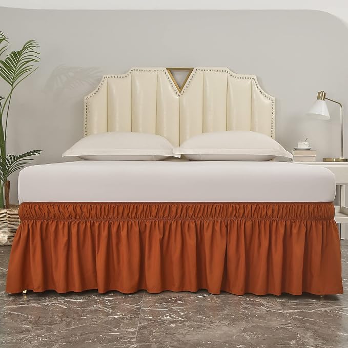MEILA Wrap Around Elastic Bed Skirt for Twin & Full Beds, 16" Drop, Caramel | Three-Side Adjustable Elastic Dust Ruffle, Ruffled Polyester Fabric, Easy to Install, Fade Resistant & Machine Washable