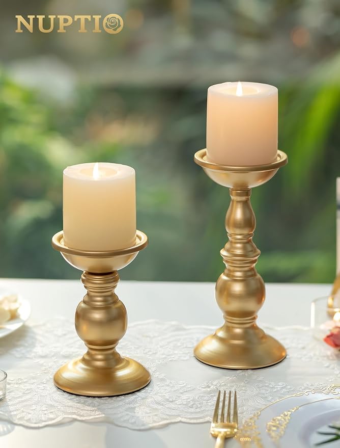 NUPTIO Gold Candle Holder for Table: Tall Brass Stand for 3" Pillars