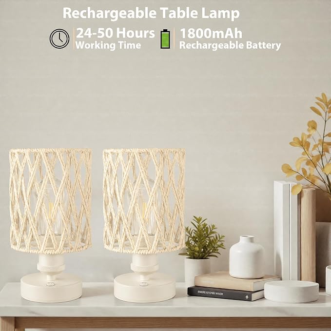Cordless Outdoor Table Lamps, Small Rattan Boho, Rechargeable Battery Operated for Outdoor Patio, Home, Living Room, Bedroom, Bedside - Set of 2 (Ivory)