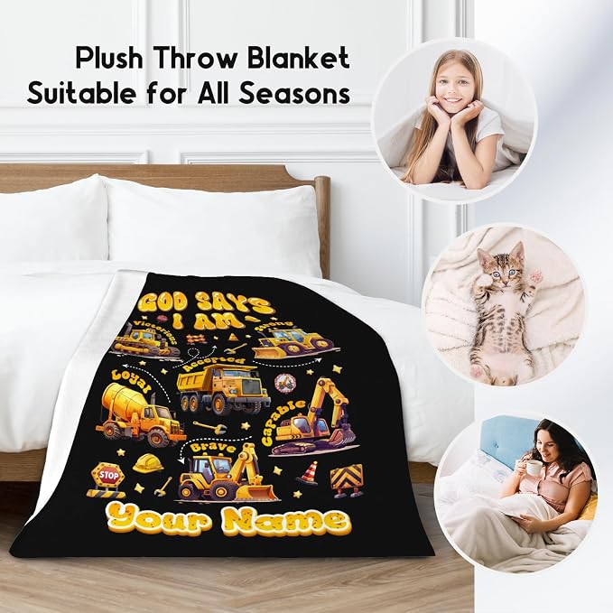 Personalized Truck Throw Blanket for Boys, Car & Bed - 60''x80'', Excavator Theme, Fleece Warm & Cozy