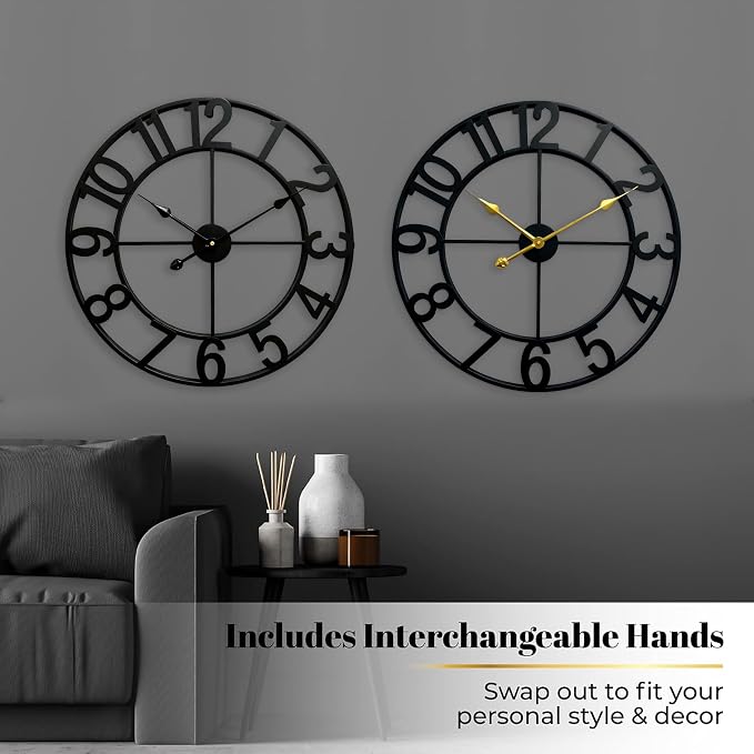 CLXEAST Silent 24 Inch Wall Clocks for Living Room Decor,Arabic Numeral | Non Ticking, Matt Black,Thicker Metal Wall Clock for Dinning Room,Entryway,Home Office & Fireplace Decor
