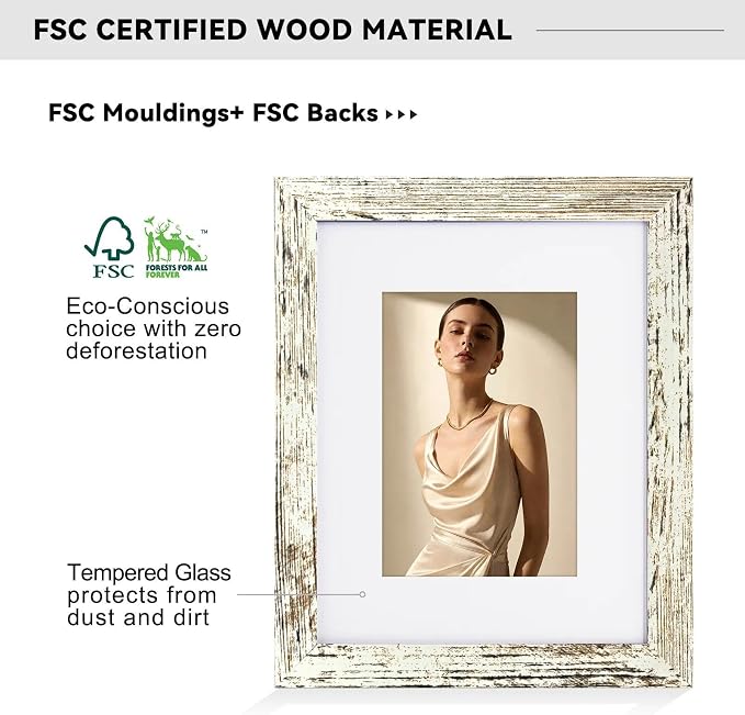 8x10 Picture Frame-Vintage White,5x7 Mat,Tempered Glass,Engineered Wood
