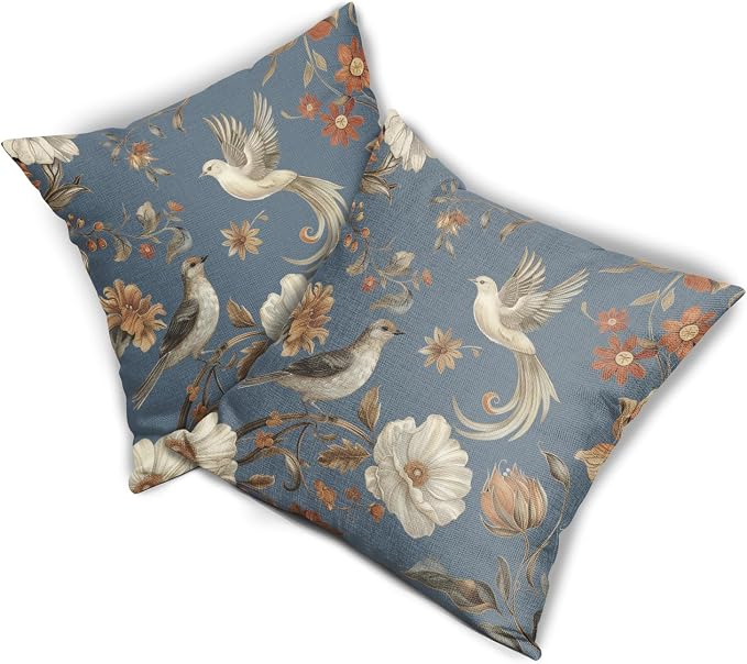 Kawani Vintage Floral Pillow Covers 18x18 Inch Set of 2 Blue Chinoiserie Flower and Bird Outdoor Decorative Throw Pillows Retro Rustic Pillowcases Farmhouse Cushion Covers for Couch Home Decor