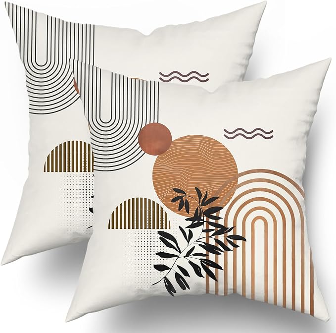 Boho Throw Pillow Covers 20x20 Inch Set of 2 Mid-Century Modern Cushion Case Geometric Tropical Leaf Sun Decorative Bohemian Pillowcase for Home Sofa Couch Patio