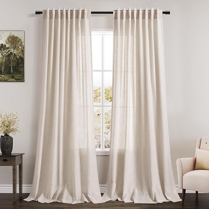 Beige Linen Semi Sheer Curtains 84 Inch Length 2 Panels Set Back Tab Rod Pocket Flax Linen Cotton Textured Curtains for Living Room Dining Room Natural Light Filtering Window Curtain Drapes 60x84