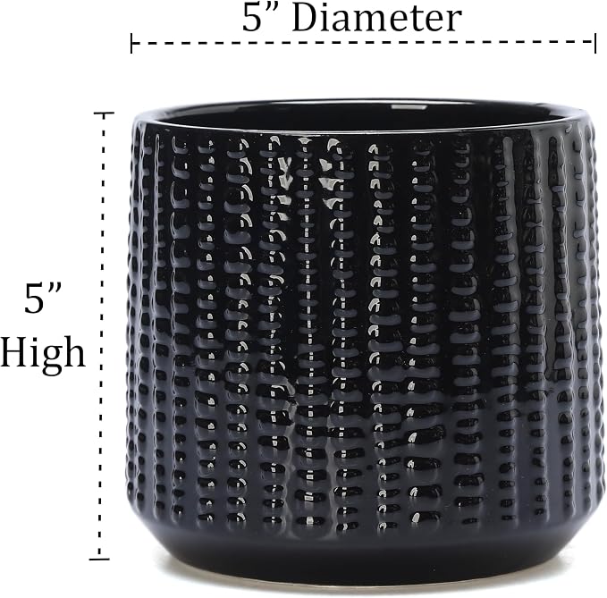 Ceramic Planter Pot with Drainage Hole, 5 Inch Dia, Indoor and Outdoor, Home Patio Garden, Plants&Flowers, Textured Round (Black)