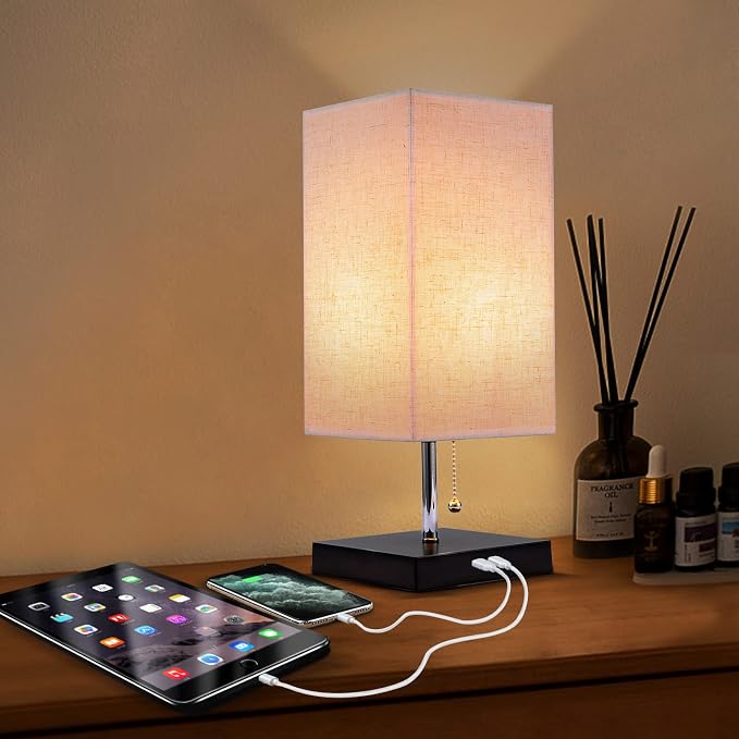 Siljoy Modern Desk Lamp with Pull Chain Switch, Bedside Table Lamp with 2 USB Charging Ports, Nightstand Lamp with Beige Fabric Lampshade & Black Wooden Base for Bedroom, Living Room, Office