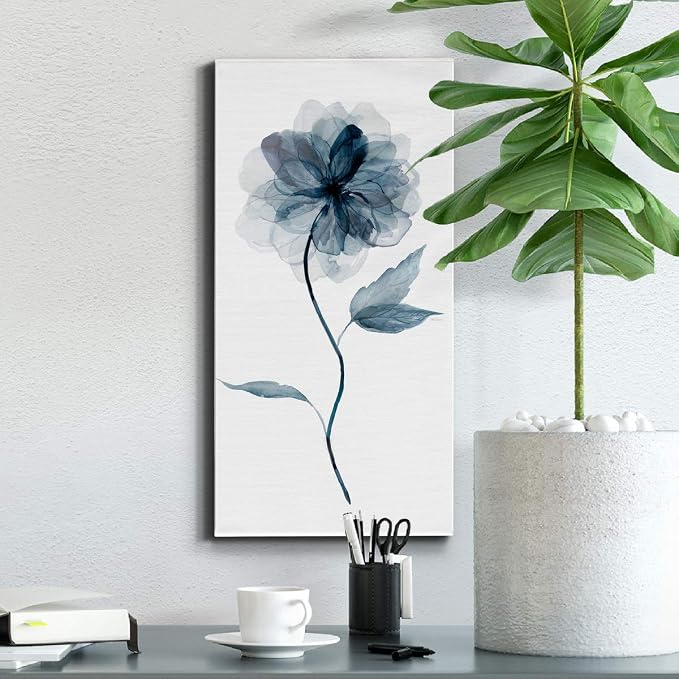 Renditions Gallery Canvas Floral Wall Art Nature Paintings & Prints Delicate Indigo Flower Modern Glam Romantic Canvas Artwork Decorations for Bedroom Office Kitchen - 8"x16" LT43