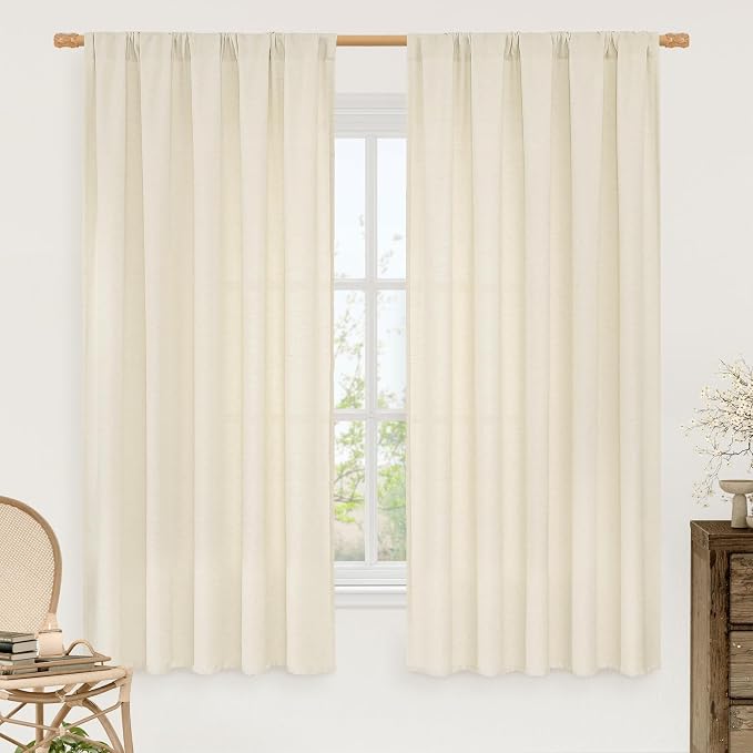 Light Beige Linen Textured Curtains 63 inch Length for Living Room | Light Filtering, Semi Sheer, Privacy Protected, Window Treatments, Drapes for Bedroom, Rod Pocket, 2 Panels, 52 x 63 Inch