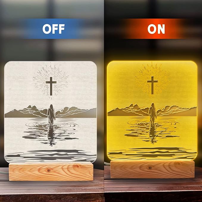 Christian Mom Gift – LED Night Light with Jesus and Cross Design – Mother's Day for Christian Mom – USB Powered Lamp – Wooden Base – Inspirational Christian Home Decor and Encouragement Gift