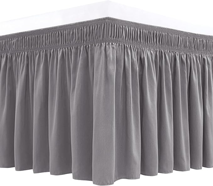 Wrap Around Bed Skirt King Size 15" Drop-Elastic Dust Ruffle Silver Grey | Adjustable Pleated Bedskirt-Easy Fit Wrinkle Resistant Washable Hotel Quality Fabric Bed Skirting-Master Guest Bedroom Rental