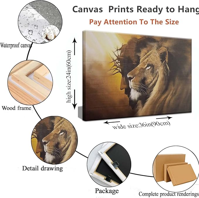 Framed Jesus and Lion Canvas Wall Art Decor Picture of Christians God Judas Inspiring Prints Painting Artwork for Living Room Bedroom Church Office Ready to Hang24*36 inches