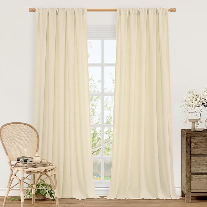 Beige Semi Sheer Linen Curtains 84 inches for Living Room 2 Panels | Light Filtering, Neutral, Privacy Protected, Linen Textured, Soft, Drapes for Bedroom, Farmhouse, Rod Pocket, 52 x 84 Inch