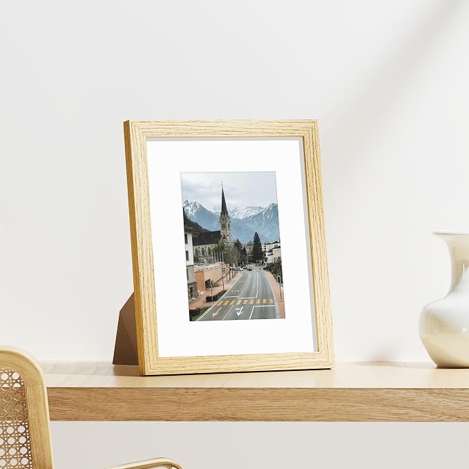 Vittanly 8x10 Picture Frames Set of 9 for Wall or Tabletop Display, OAK | Display Pictures 5x7 with Mat or 8x10 without Mat, Small Photo Frames, Engineered Wood with Shatter Resistant Plexiglass